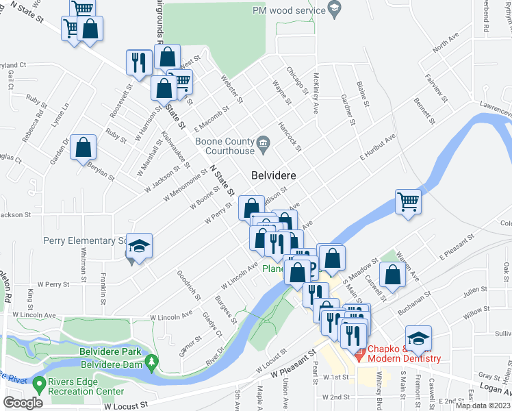 map of restaurants, bars, coffee shops, grocery stores, and more near 120 East Madison Street in Belvidere