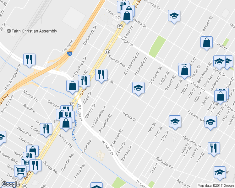 map of restaurants, bars, coffee shops, grocery stores, and more near 3353 South Liddesdale Street in Detroit