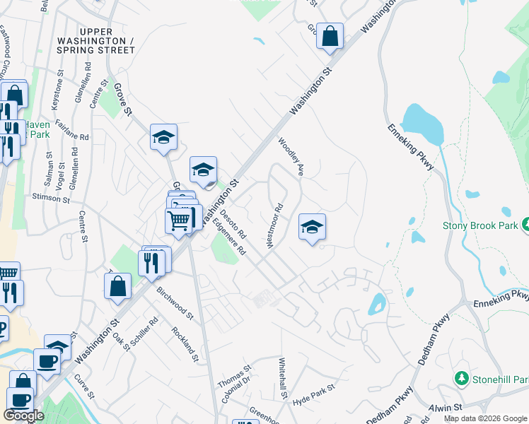 map of restaurants, bars, coffee shops, grocery stores, and more near 34 Westmoor Terrace in Boston