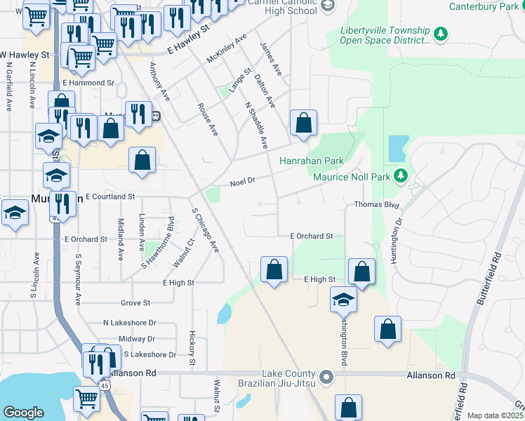 map of restaurants, bars, coffee shops, grocery stores, and more near 709 Thomas Court in Mundelein