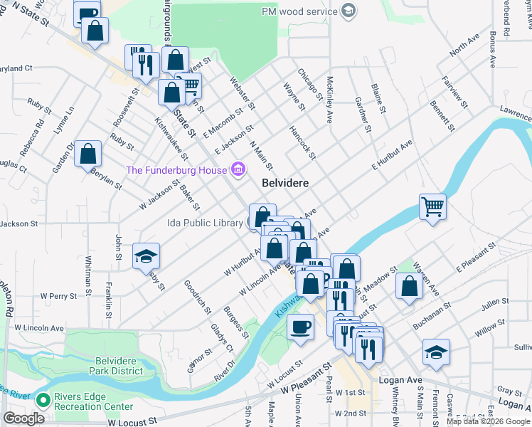 map of restaurants, bars, coffee shops, grocery stores, and more near 402 Van Buren Street in Belvidere