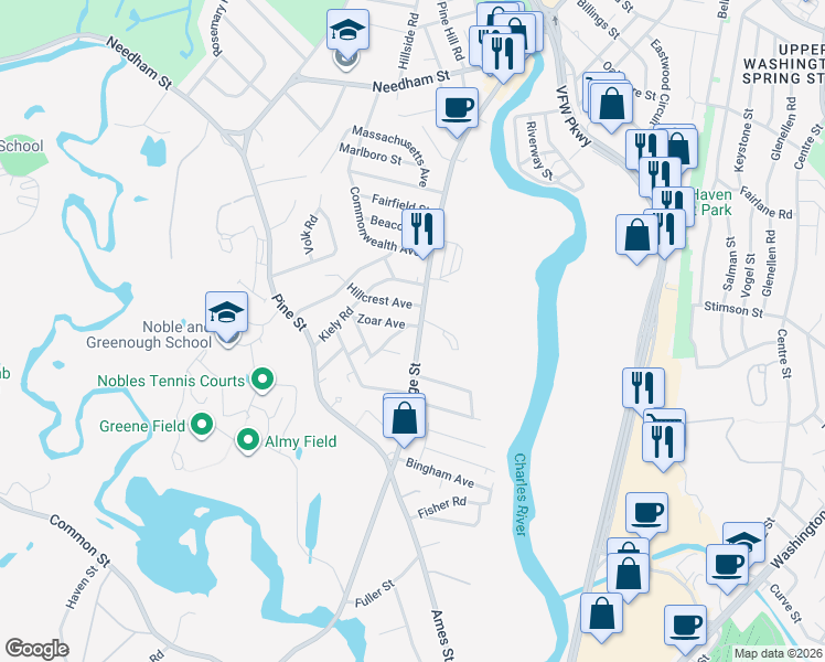 map of restaurants, bars, coffee shops, grocery stores, and more near 263 Bridge Street in Dedham