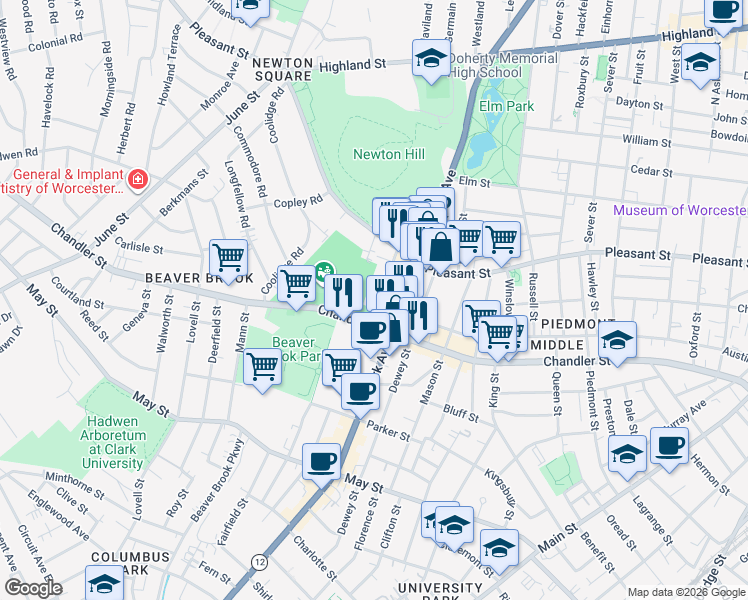 map of restaurants, bars, coffee shops, grocery stores, and more near 40 Abbott Street in Worcester