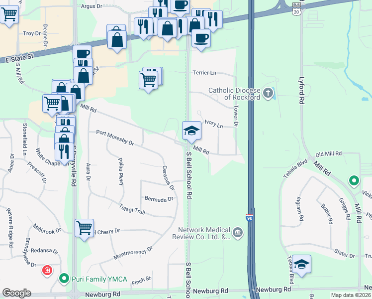 map of restaurants, bars, coffee shops, grocery stores, and more near 905 South Bell School Road in Rockford