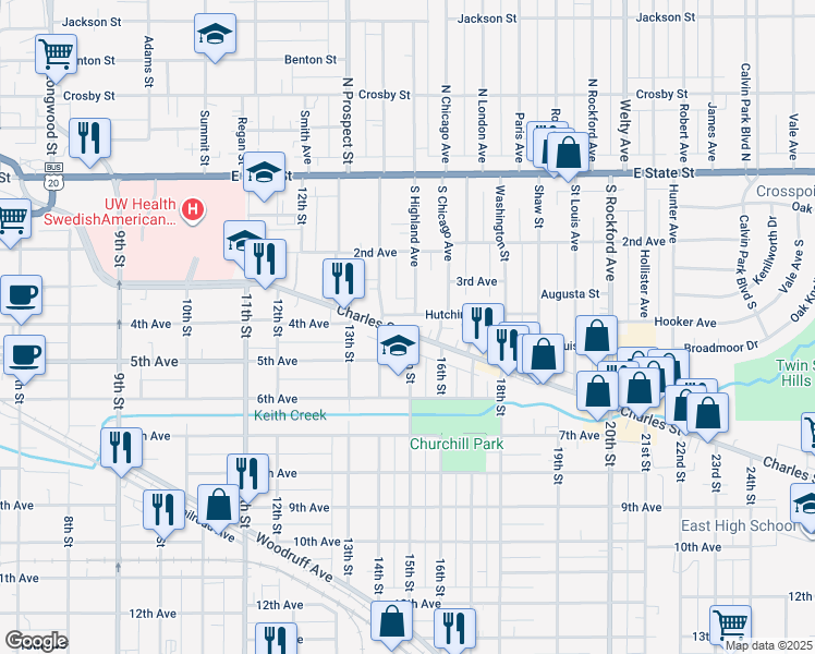 map of restaurants, bars, coffee shops, grocery stores, and more near 1822 Charles Street in Rockford
