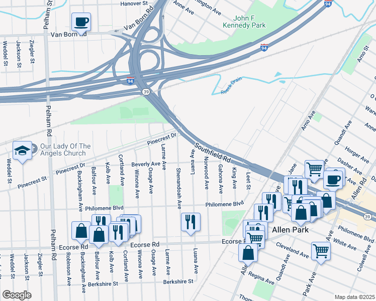 map of restaurants, bars, coffee shops, grocery stores, and more near 6330 Luana Avenue in Allen Park