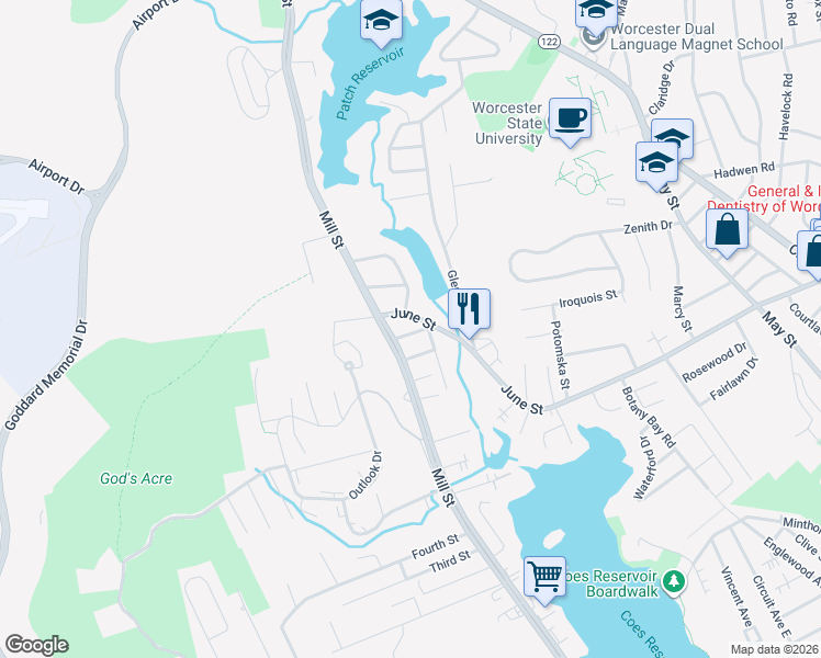 map of restaurants, bars, coffee shops, grocery stores, and more near 9 Ware Street in Worcester