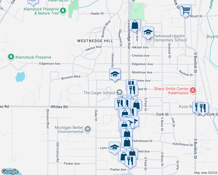 map of restaurants, bars, coffee shops, grocery stores, and more near 732 Garland Avenue in Kalamazoo