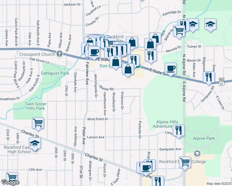 map of restaurants, bars, coffee shops, grocery stores, and more near 408 Woodland Drive in Rockford