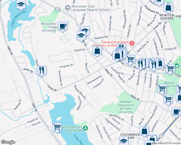 map of restaurants, bars, coffee shops, grocery stores, and more near 3 Marcy Street in Worcester