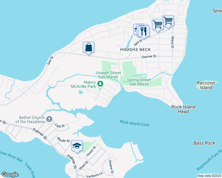 map of restaurants, bars, coffee shops, grocery stores, and more near 68 Huntress Street in Quincy