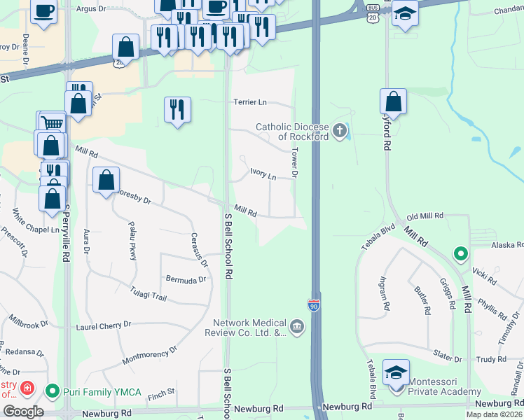map of restaurants, bars, coffee shops, grocery stores, and more near 7610 Mill Road in Rockford