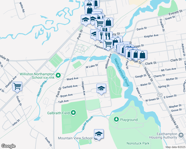 map of restaurants, bars, coffee shops, grocery stores, and more near 41 Ward Avenue in Easthampton