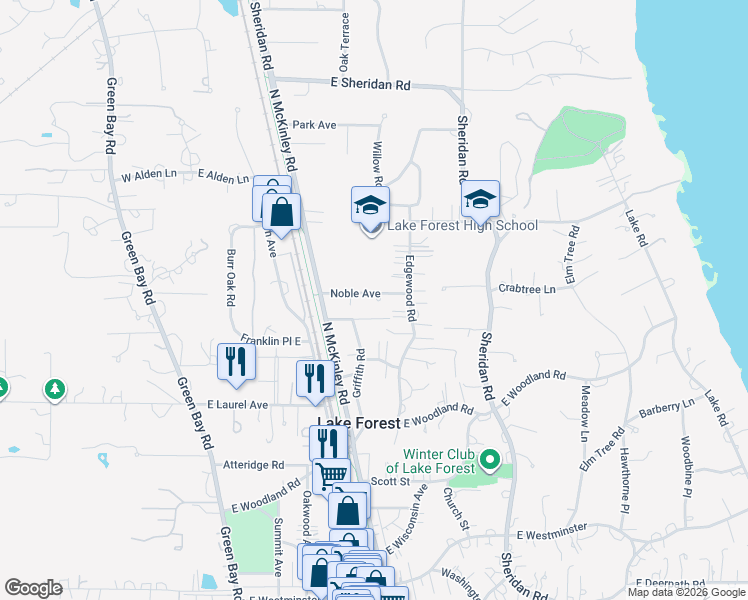 map of restaurants, bars, coffee shops, grocery stores, and more near 289 Noble Avenue in Lake Forest