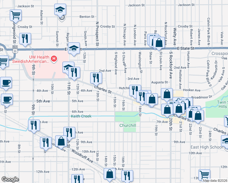 map of restaurants, bars, coffee shops, grocery stores, and more near 1822 Charles Street in Rockford