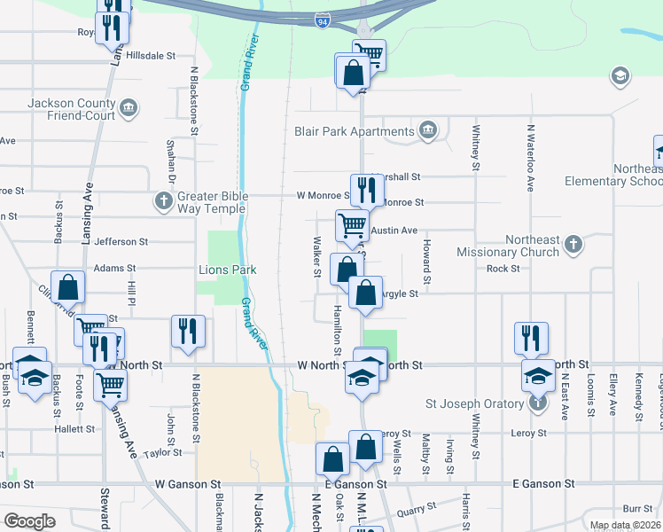 map of restaurants, bars, coffee shops, grocery stores, and more near 1113 Hamilton Street in Jackson