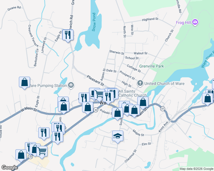 map of restaurants, bars, coffee shops, grocery stores, and more near 87 Pleasant Street in Ware