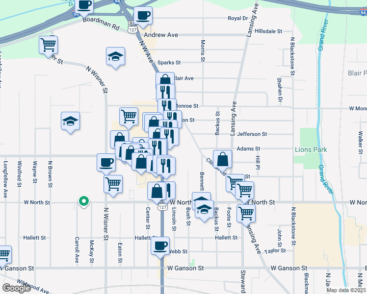 map of restaurants, bars, coffee shops, grocery stores, and more near 1100 Clinton Road in Jackson
