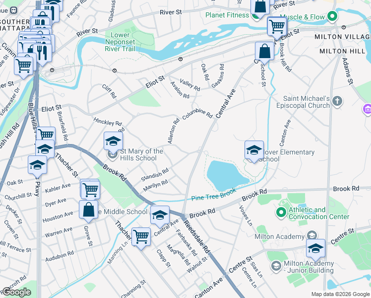 map of restaurants, bars, coffee shops, grocery stores, and more near 200 Hinckley Road in Milton
