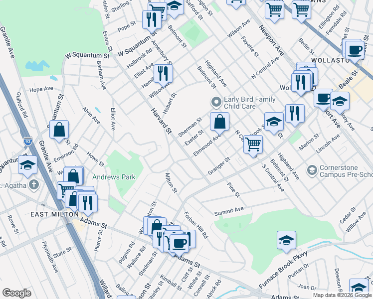 map of restaurants, bars, coffee shops, grocery stores, and more near 226 Harvard Street in Quincy