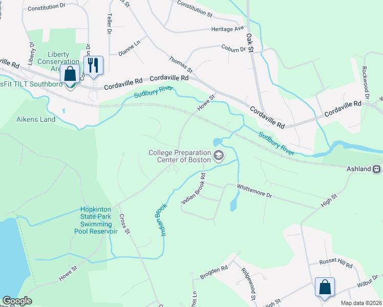 map of restaurants, bars, coffee shops, grocery stores, and more near 4 Indian Brook Road in Ashland