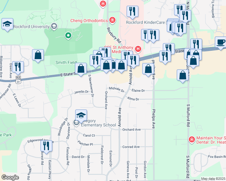 map of restaurants, bars, coffee shops, grocery stores, and more near 5417 Midvale Drive in Rockford