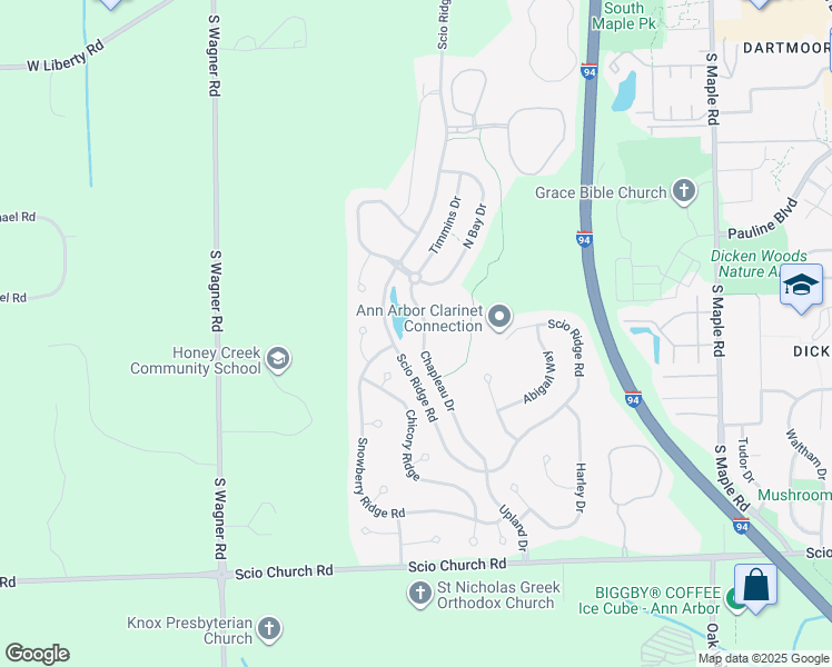 map of restaurants, bars, coffee shops, grocery stores, and more near 1492 Chapleau Drive in Ann Arbor