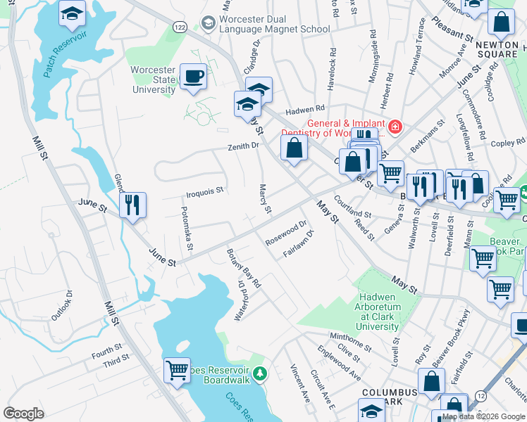 map of restaurants, bars, coffee shops, grocery stores, and more near 3 Marcy Street in Worcester