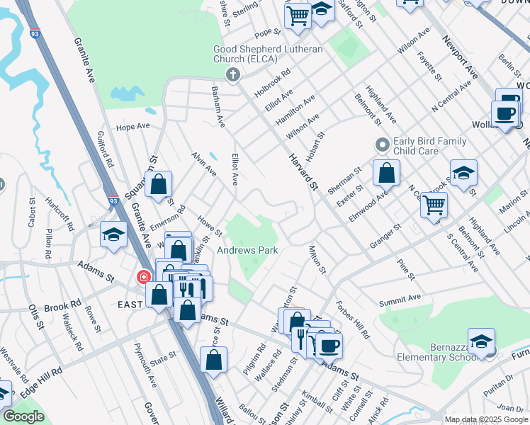 map of restaurants, bars, coffee shops, grocery stores, and more near 375 Elmwood Avenue in Quincy