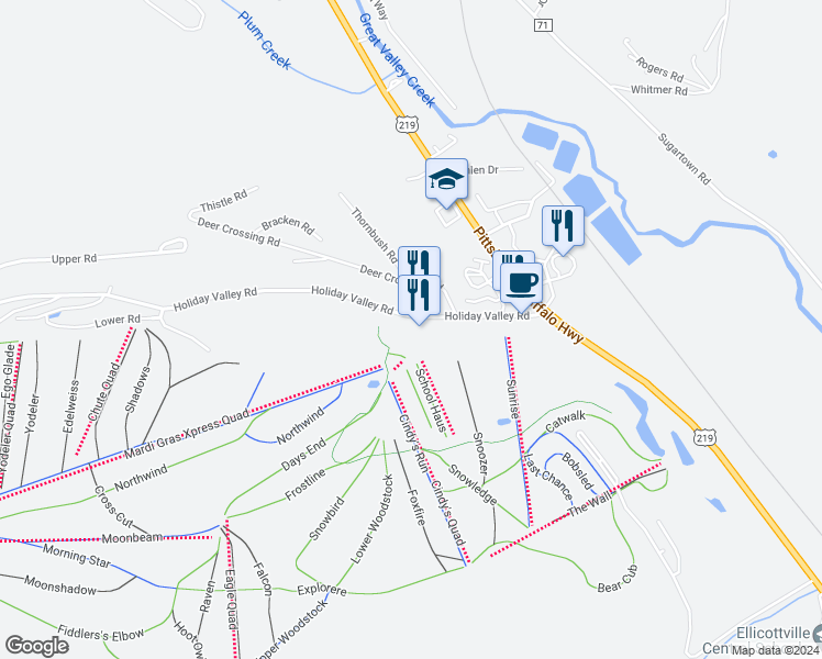 map of restaurants, bars, coffee shops, grocery stores, and more near 6557 Holiday Valley Road in Ellicottville