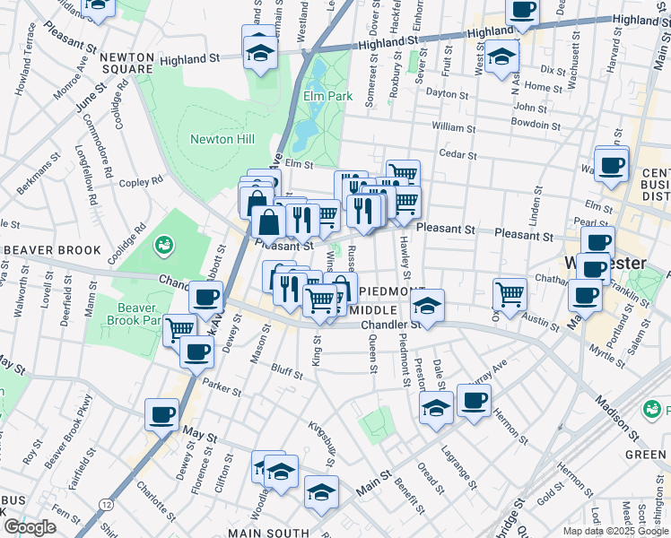 map of restaurants, bars, coffee shops, grocery stores, and more near 9 Winslow Street in Worcester