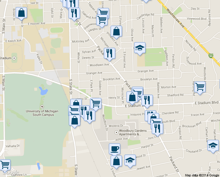 map of restaurants, bars, coffee shops, grocery stores, and more near 1601 Westminster Place in Ann Arbor
