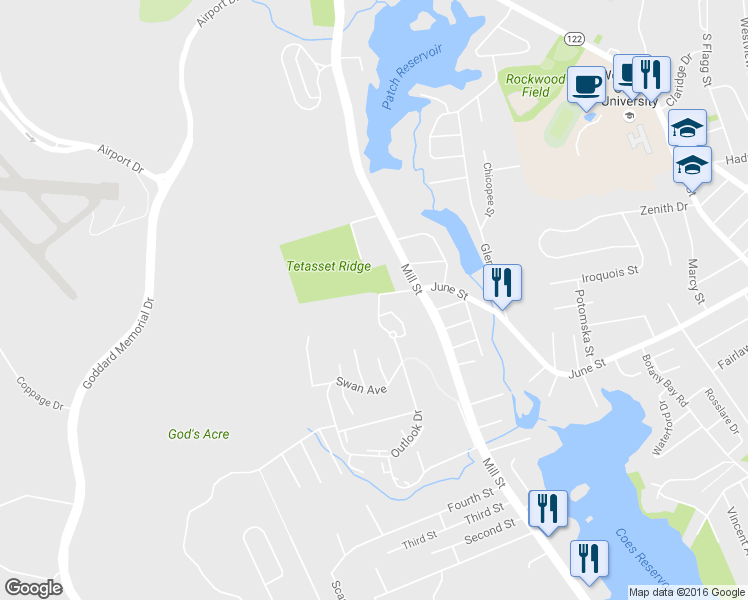 map of restaurants, bars, coffee shops, grocery stores, and more near 395 Mill Street in Worcester