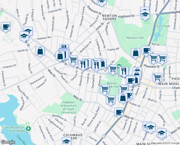 map of restaurants, bars, coffee shops, grocery stores, and more near 358 Chandler Street in Worcester