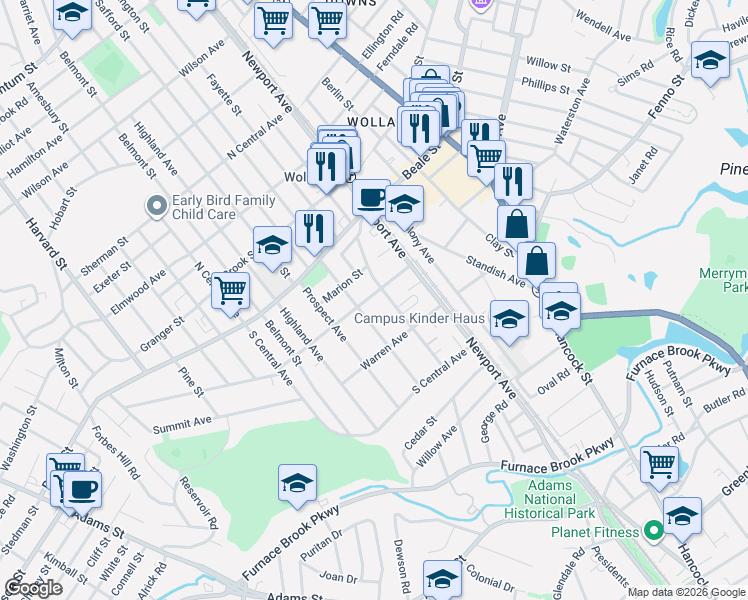 map of restaurants, bars, coffee shops, grocery stores, and more near 87 Grandview Avenue in Quincy