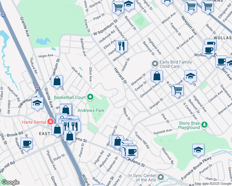 map of restaurants, bars, coffee shops, grocery stores, and more near 30 Elmwood Park in Quincy