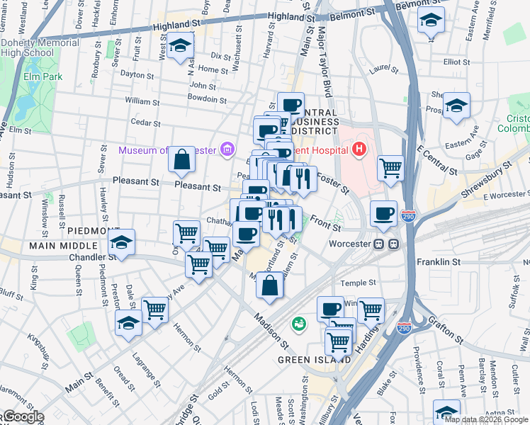 map of restaurants, bars, coffee shops, grocery stores, and more near in Worcester