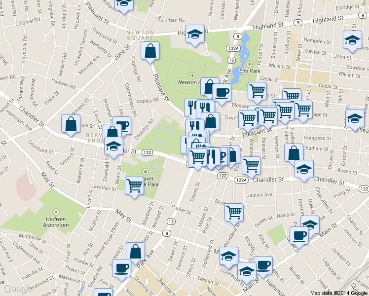 map of restaurants, bars, coffee shops, grocery stores, and more near 40 Abbott Street in Worcester