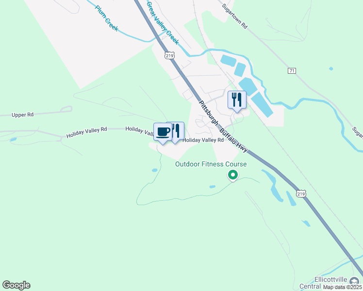 map of restaurants, bars, coffee shops, grocery stores, and more near 6447 Holiday Valley Road in Ellicottville