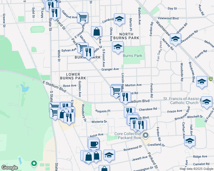 map of restaurants, bars, coffee shops, grocery stores, and more near 1570 Packard Street in Ann Arbor