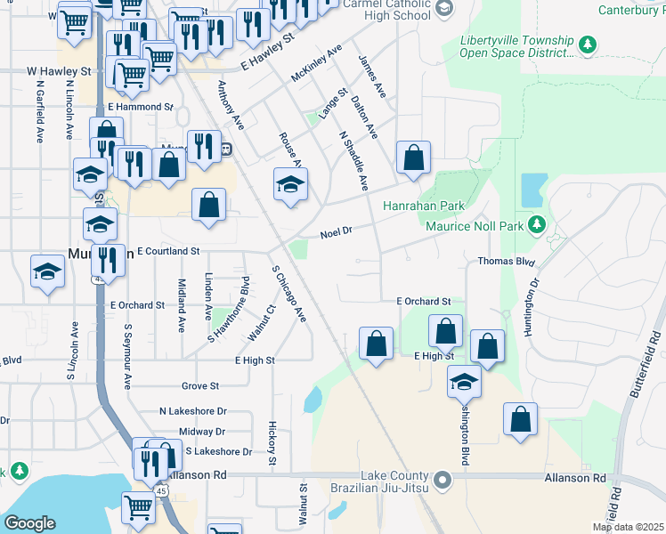 map of restaurants, bars, coffee shops, grocery stores, and more near 60 South Shaddle Avenue in Mundelein