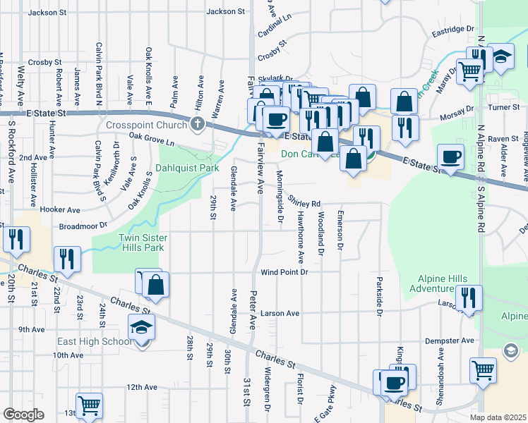 map of restaurants, bars, coffee shops, grocery stores, and more near 417 Morningside Drive in Rockford