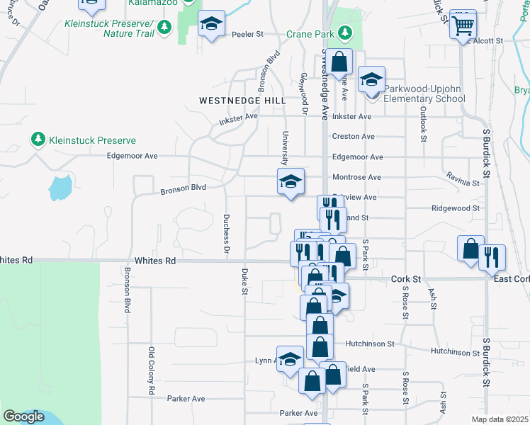 map of restaurants, bars, coffee shops, grocery stores, and more near 732 Garland Avenue in Kalamazoo