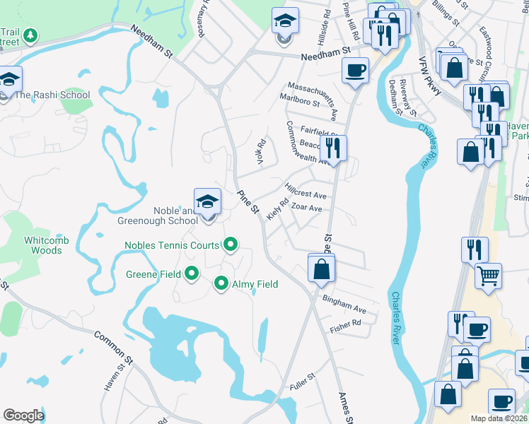 map of restaurants, bars, coffee shops, grocery stores, and more near 147 Pine Street in Dedham