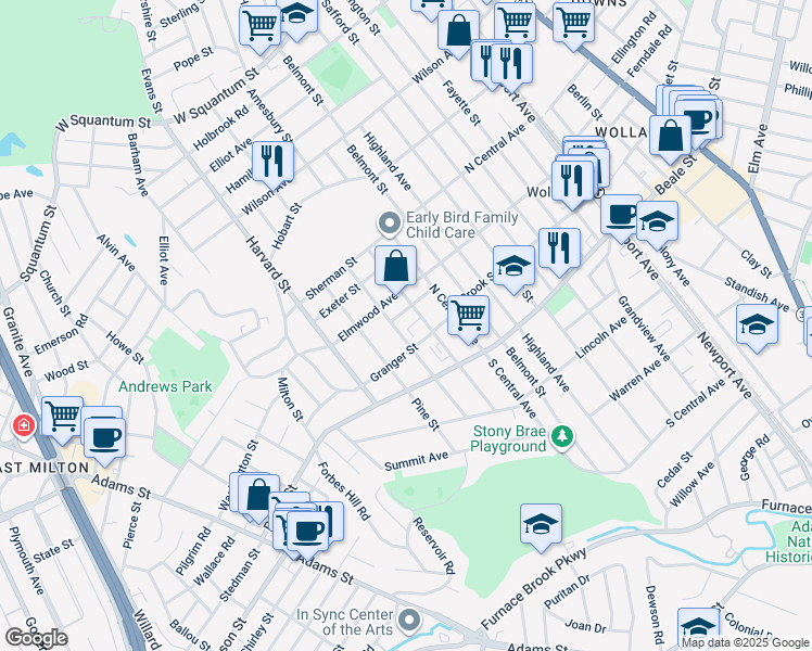 map of restaurants, bars, coffee shops, grocery stores, and more near 154 Norfolk Street in Quincy