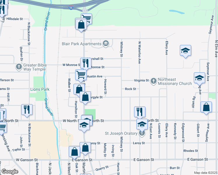 map of restaurants, bars, coffee shops, grocery stores, and more near 1117 Howard Street in Jackson