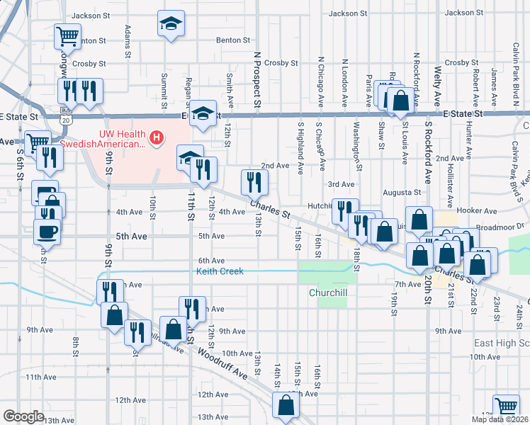 map of restaurants, bars, coffee shops, grocery stores, and more near 1721 Charles Street in Rockford