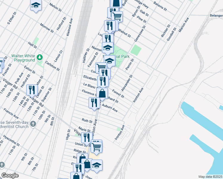 map of restaurants, bars, coffee shops, grocery stores, and more near 26 Forest Street in River Rouge