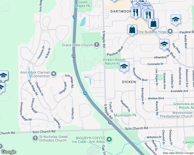 map of restaurants, bars, coffee shops, grocery stores, and more near 1534 Durango Drive in Ann Arbor