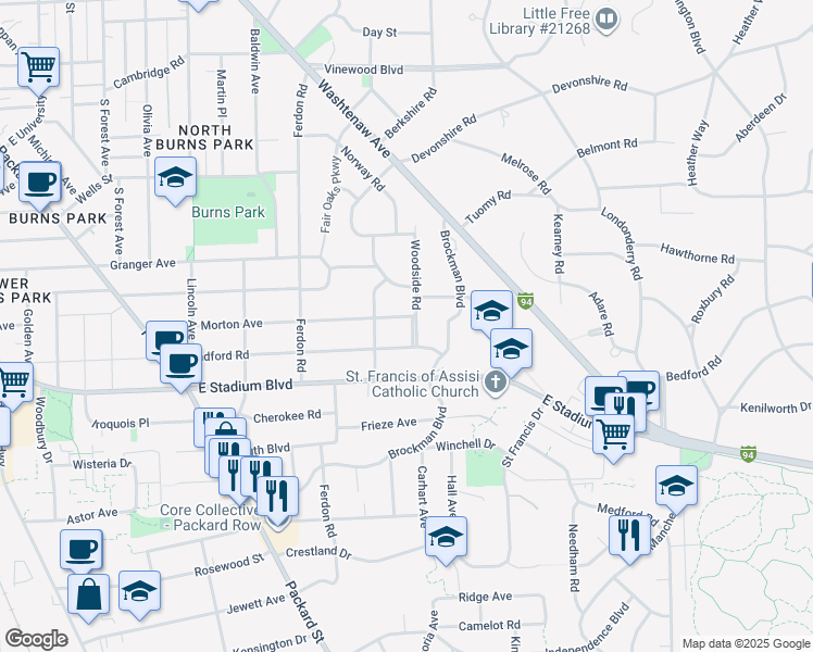 map of restaurants, bars, coffee shops, grocery stores, and more near 2300 Woodside Road in Ann Arbor